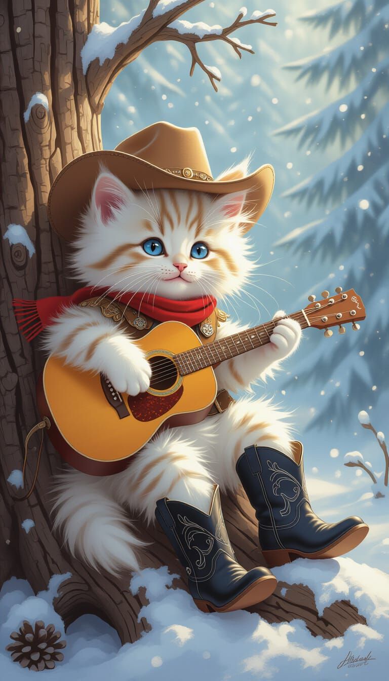 Fluffy Kitten Cowboy Sings in Winter Forest