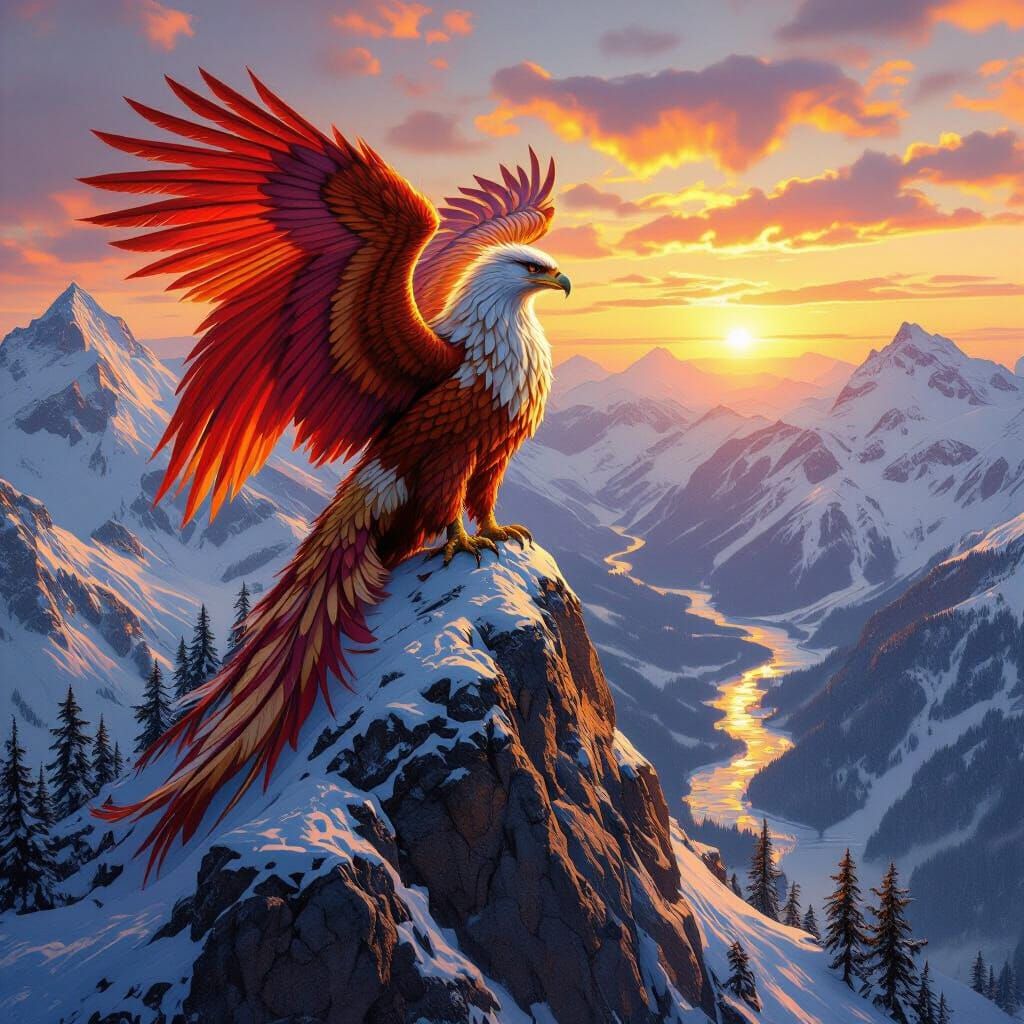 Griffin on Snow-Capped Peak at Sunset, Hyperrealistic Style