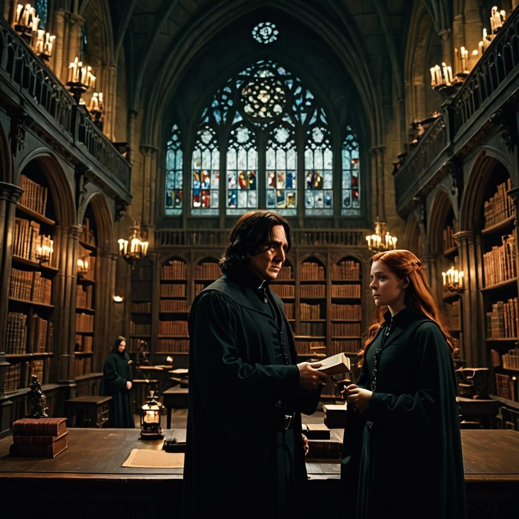 Snape and Weasley in Hogwarts Library: Cinematic Still