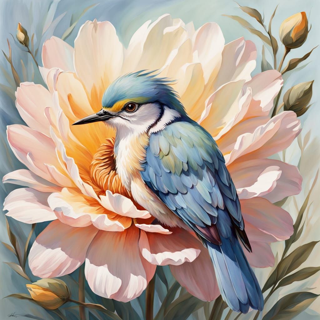 Whimsical Watercolor Flower and Bird in Gentle Harmony