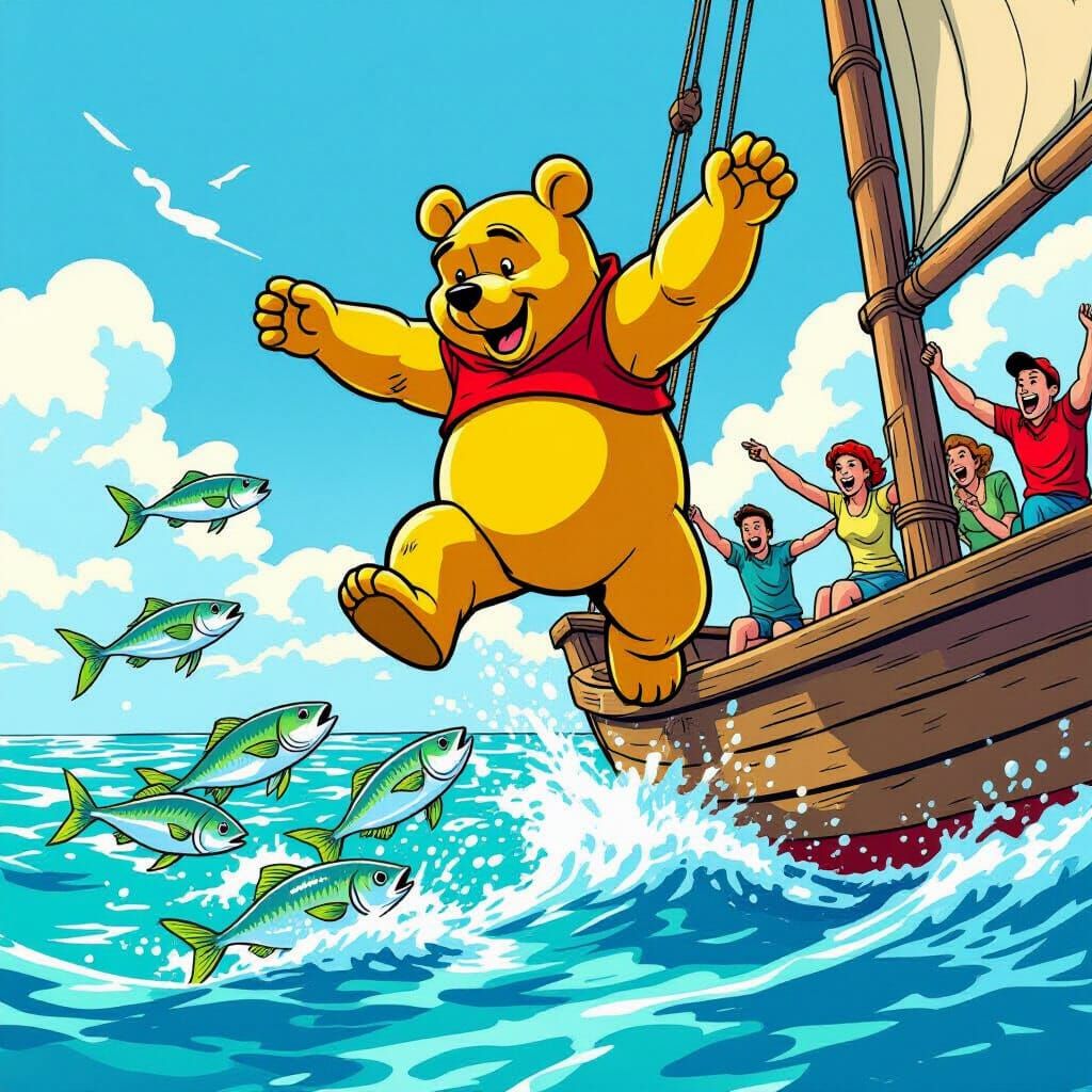 Muscular Pooh Leaps Over Shimmering Fish in Pop Art Comic St...