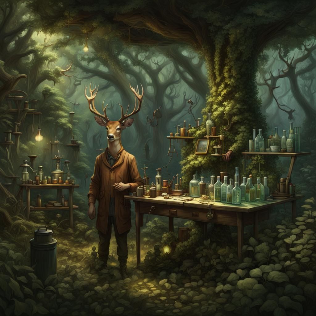 Deer Druid's Forest Laboratory: Detailed Matte Painting