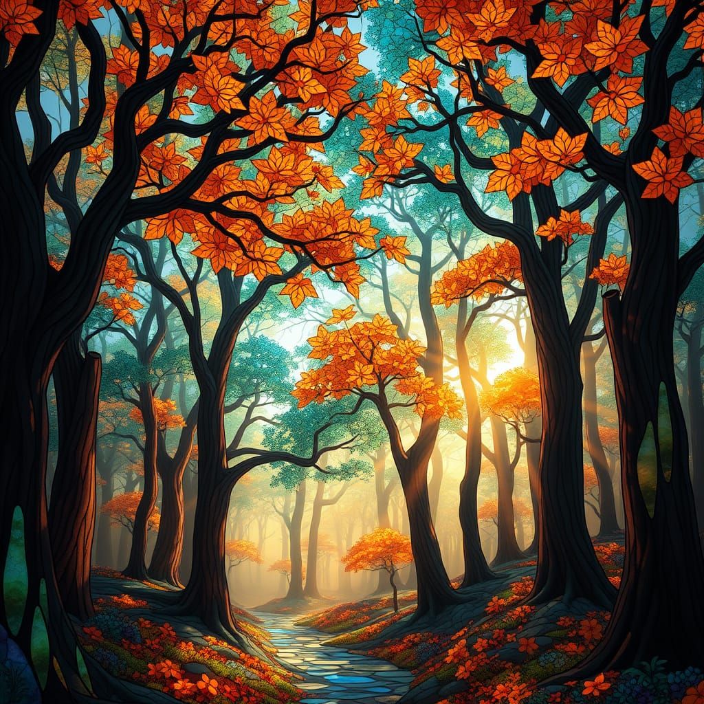 Majestic Stained Glass Forest in Art Nouveau Style