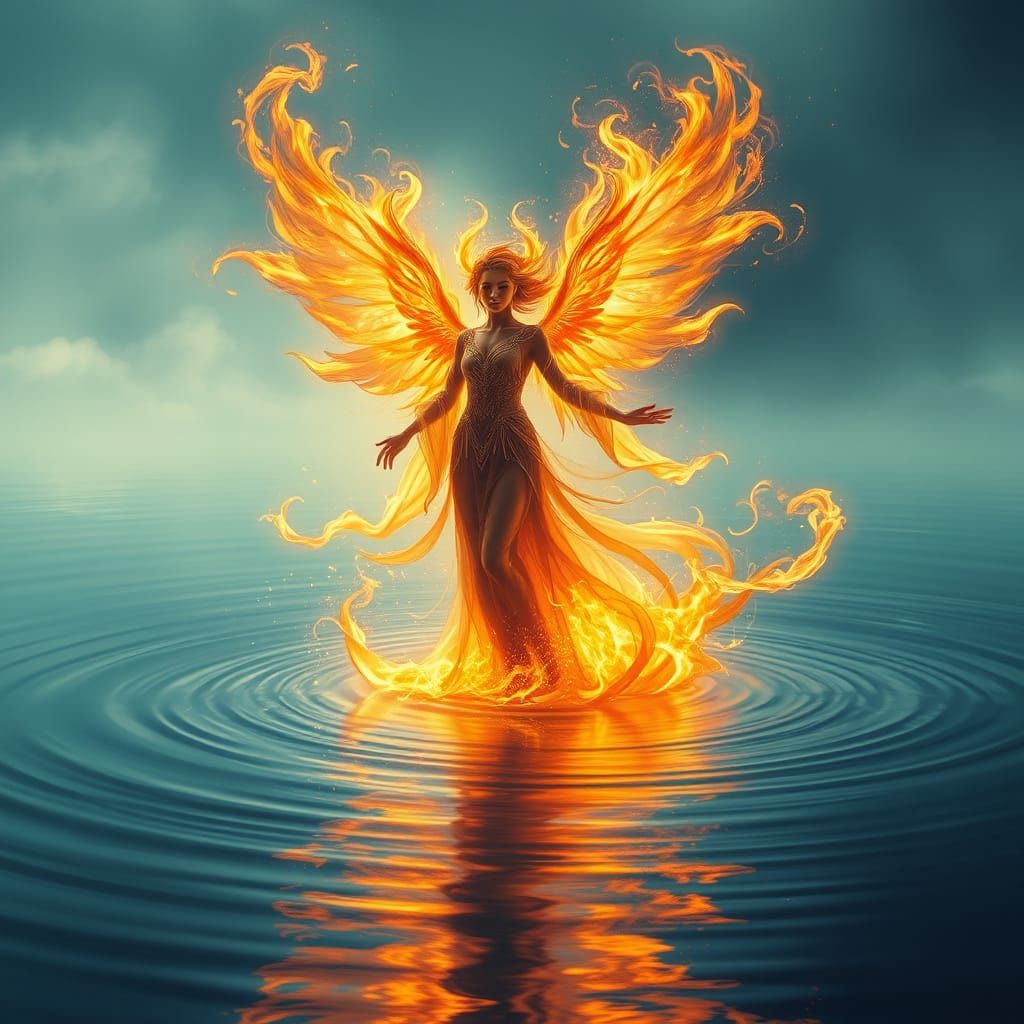 Ethereal Fire Spirit Rises from Serene Lake in Dreamy Airbru...