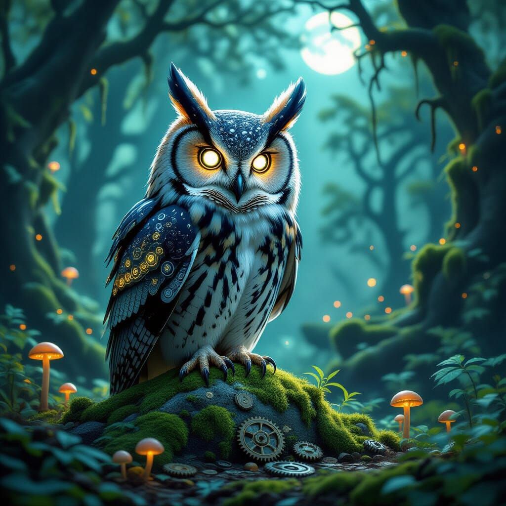 Cybernetic Owl in Enchanted Steampunk Forest