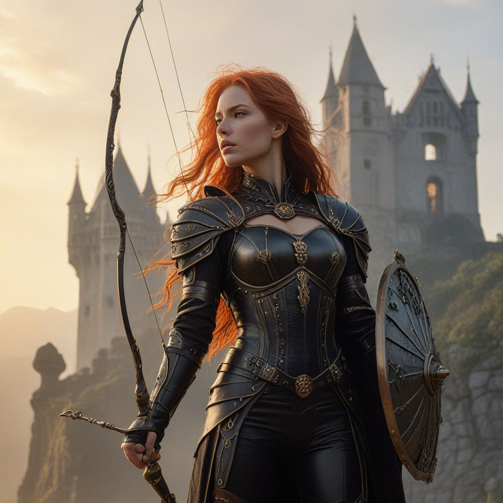 Elegant Archeress Embraces Sunrise atop Medieval Fortress