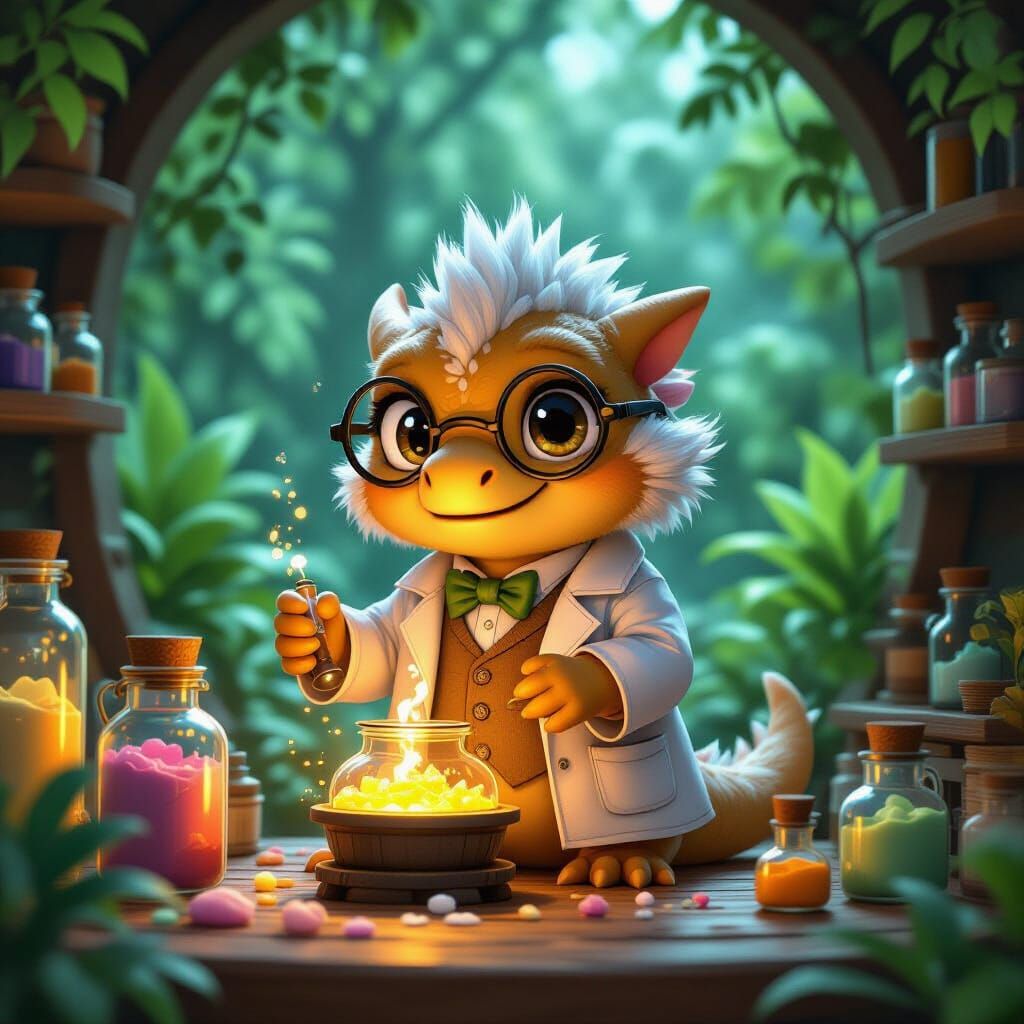Dinosaur Alchemist in Lush Jungle, Pixar Style