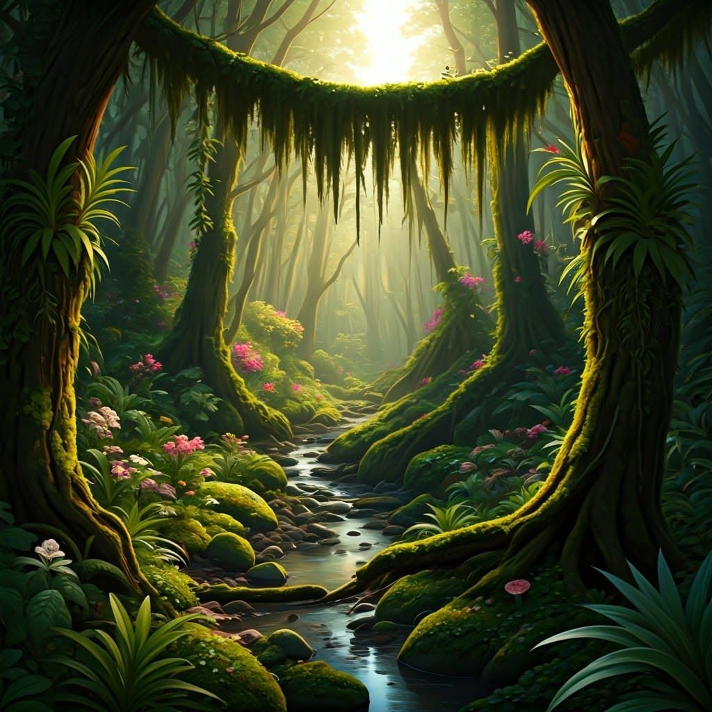 Enchanting Forest Scene with Vines and Dappled Sunlight