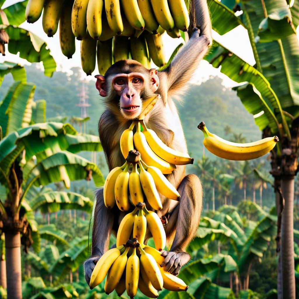 Monkeys on Banana Cableway: Hyperrealistic Indian Photograph...
