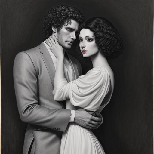 Elegant Woman with Companion: Detailed Charcoal Drawing