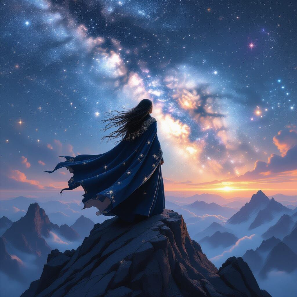 Sorceress Gazes at Cosmic Nebula from Obsidian Peak