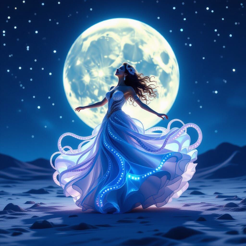 Sea Queen Dances on Moon in Cosmic Dreamscape