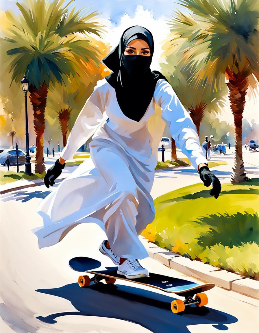 Hijabi Girl on Skateboard in Watercolor Style