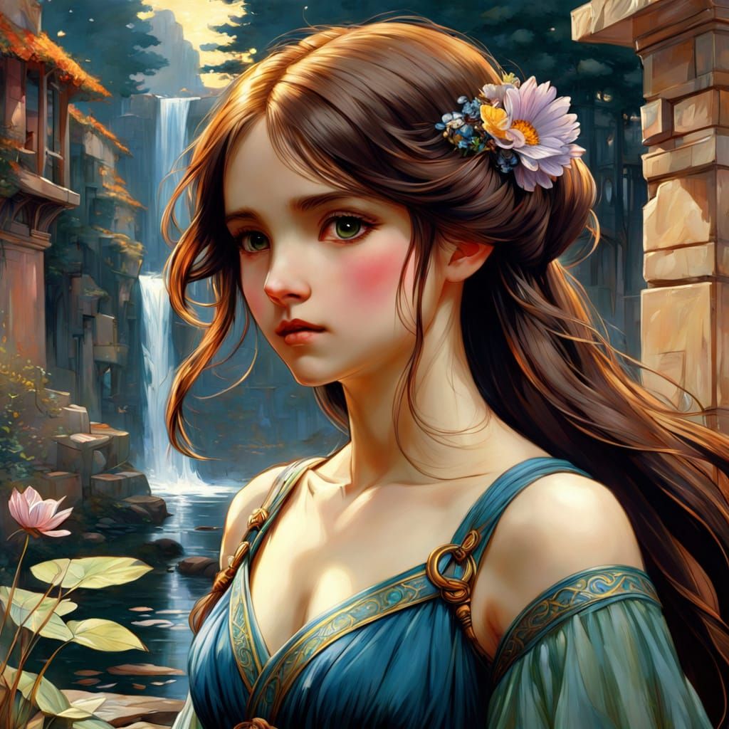 Anime Girl in Style of Waterhouse Painting