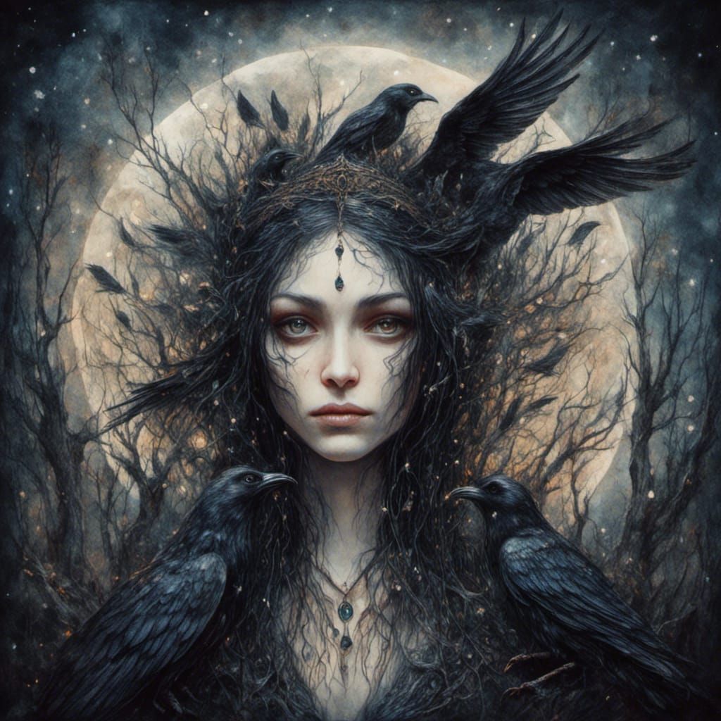 Watercolor Morrigan: Shapeshifting Raven in Haunted Forest
