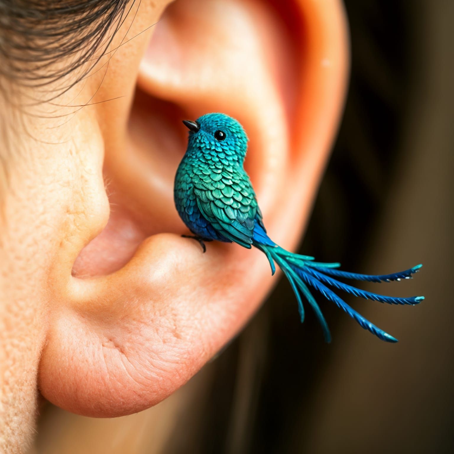 Iridescent Bird Perched on Earlobe: Macro Photograph