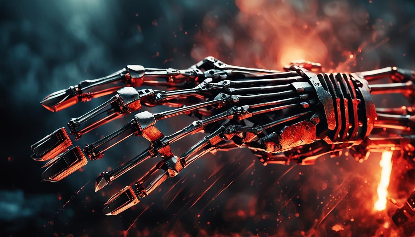 Cyberpunk Skeleton of the Terminator in Desperate Struggle