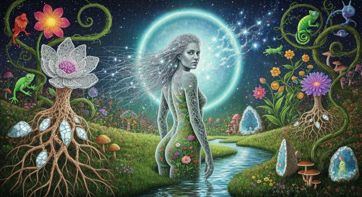 Woman Merging with Cosmic Garden Energy