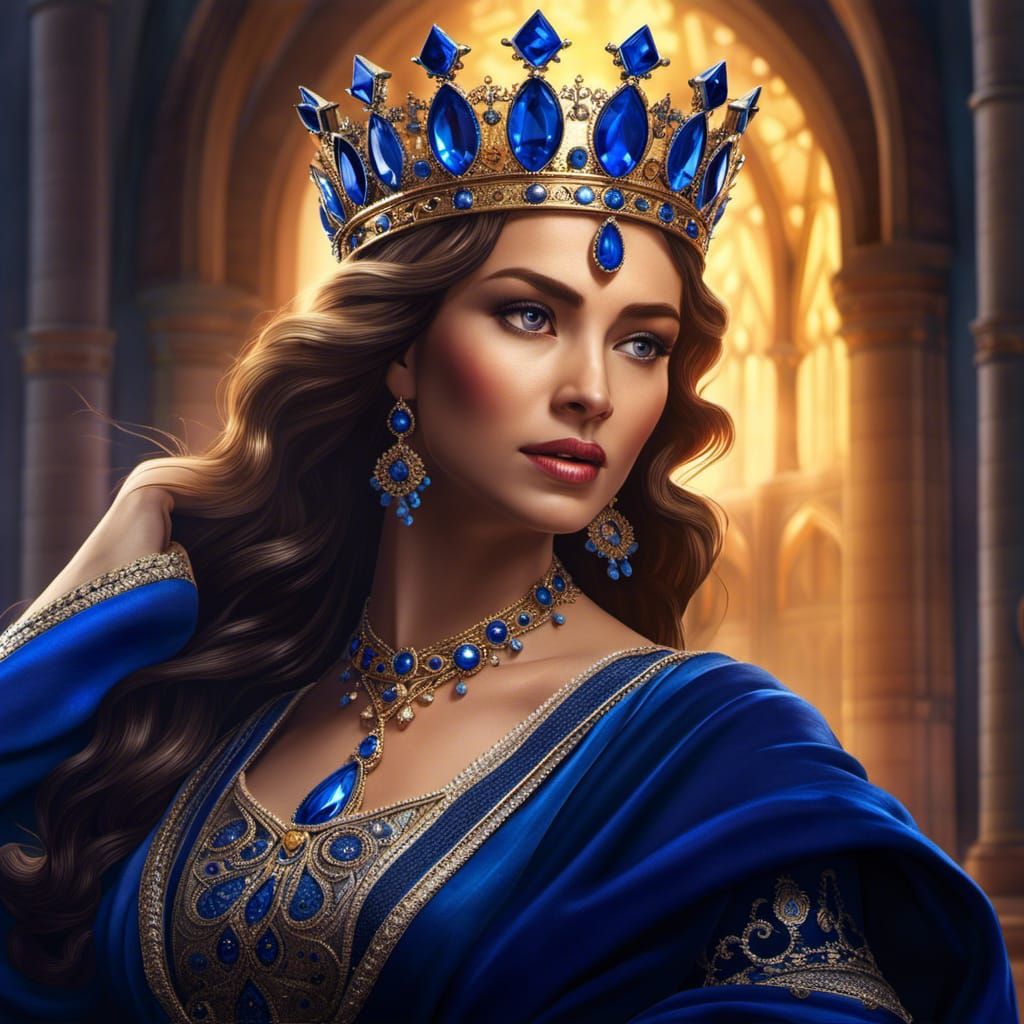 Glamorous Medieval Queen in Sapphire Crown, Hyperrealistic A...
