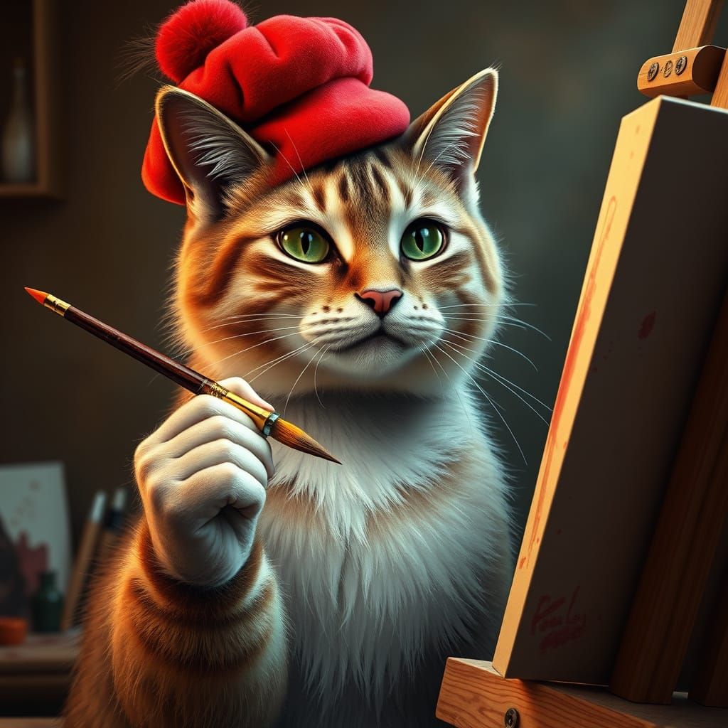 Whimsical Cat Artist Paints Portrait in Classic Red Beret