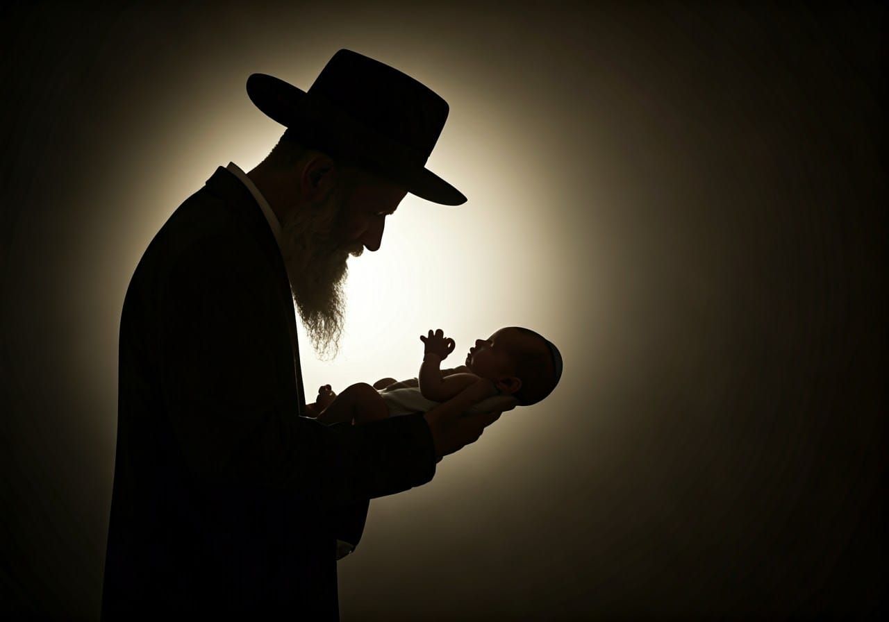 Touching Silhouette: Ultra-Orthodox Jew and Newborn Baby