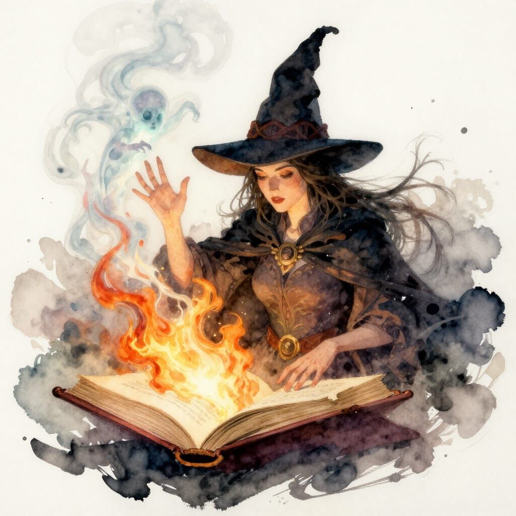 Sorceress Conjures Ghost from Spell Book in Watercolor Style