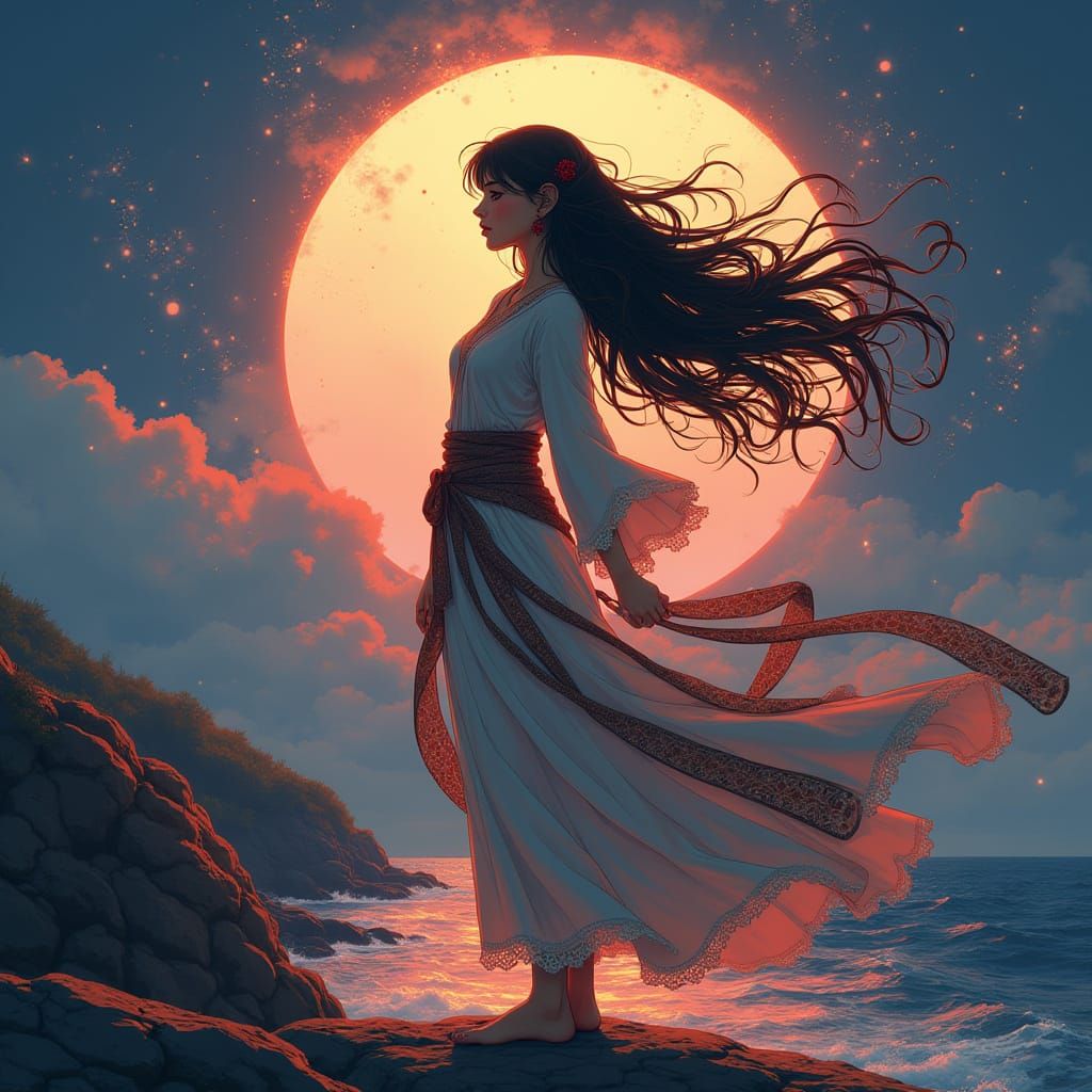 Anime Woman Summons Magic on Rocky Shore