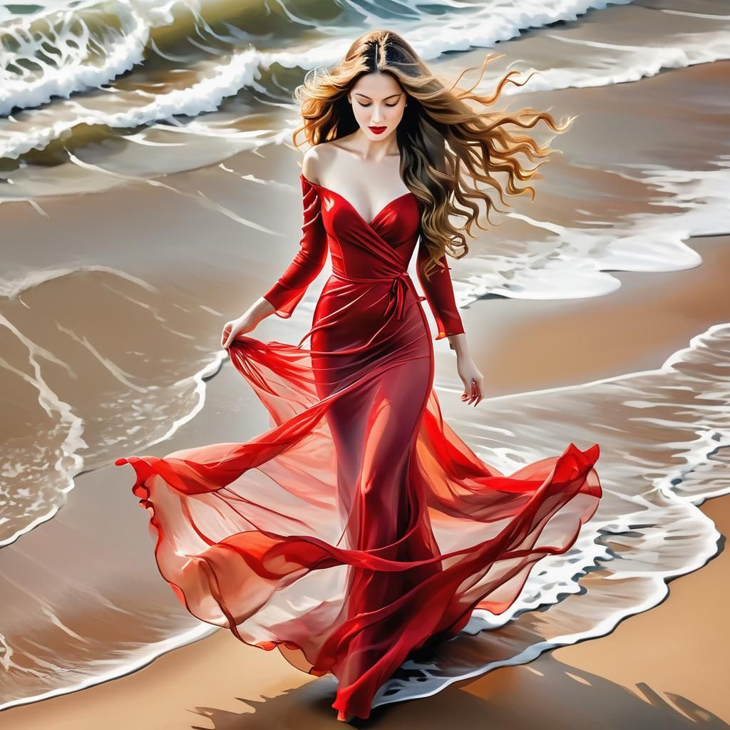 Gorgeous woman in a long red, transparent dress, long wavy h...