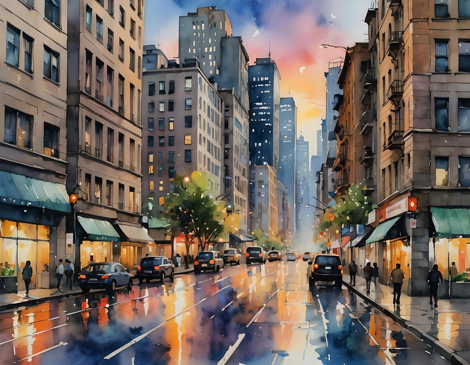 Twilight Cityscape: Watercolor Impressionist Painting