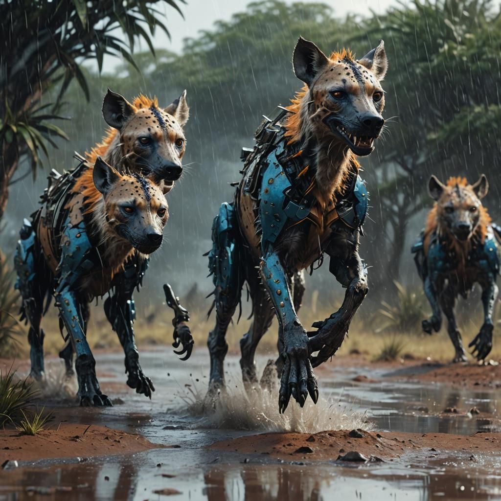 Mechanical Hyenas Chase on Rainy Savanna in Cyberpunk Style