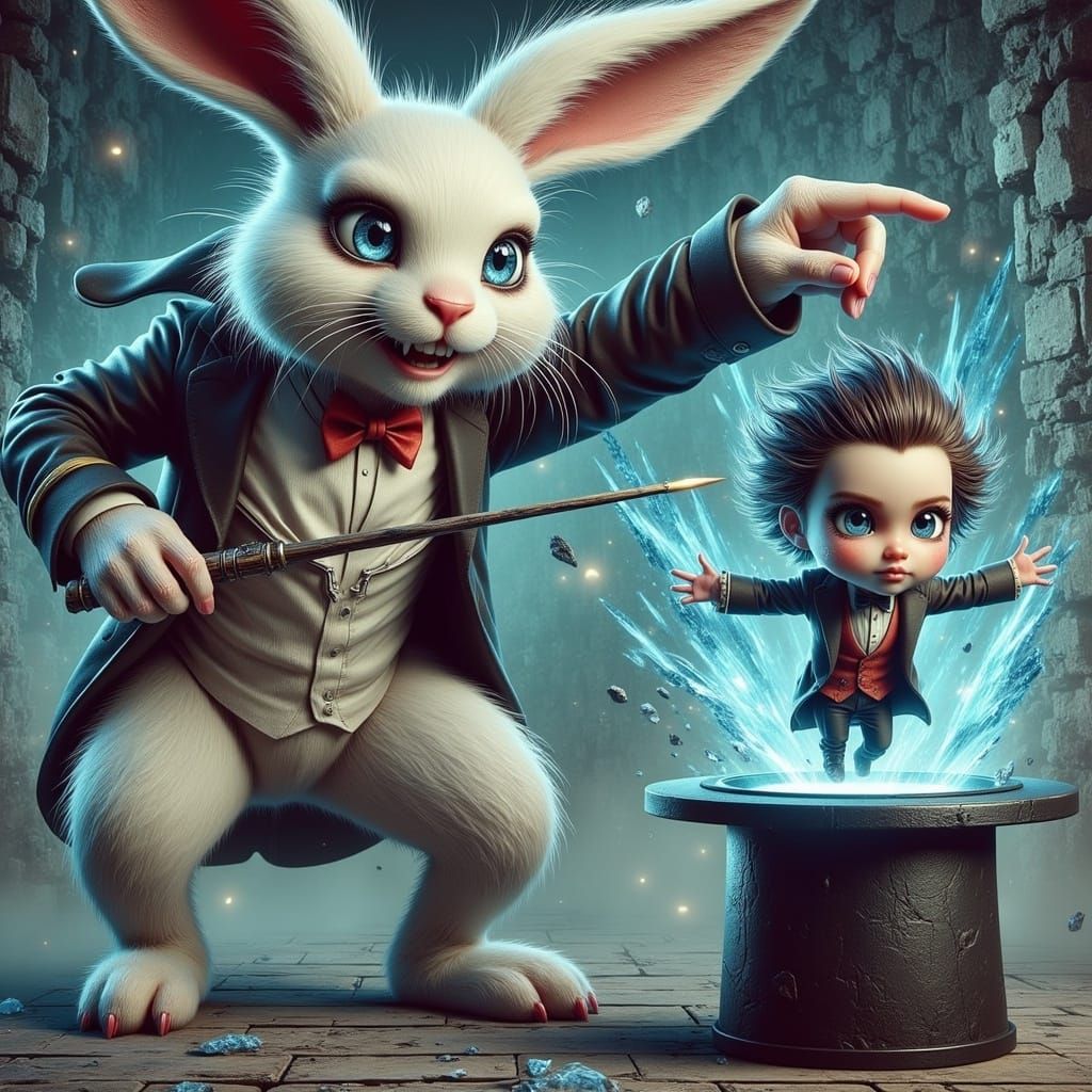 Surreal Rabbit Magician in a Grungy Cinematic World