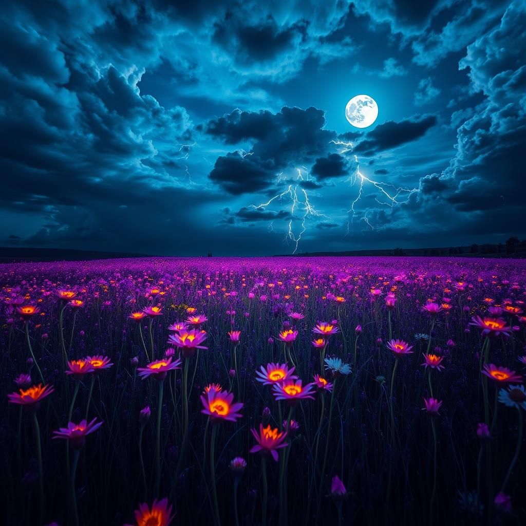 Iridescent Wildflowers Under Stormy Sky: Cinematic Landscape