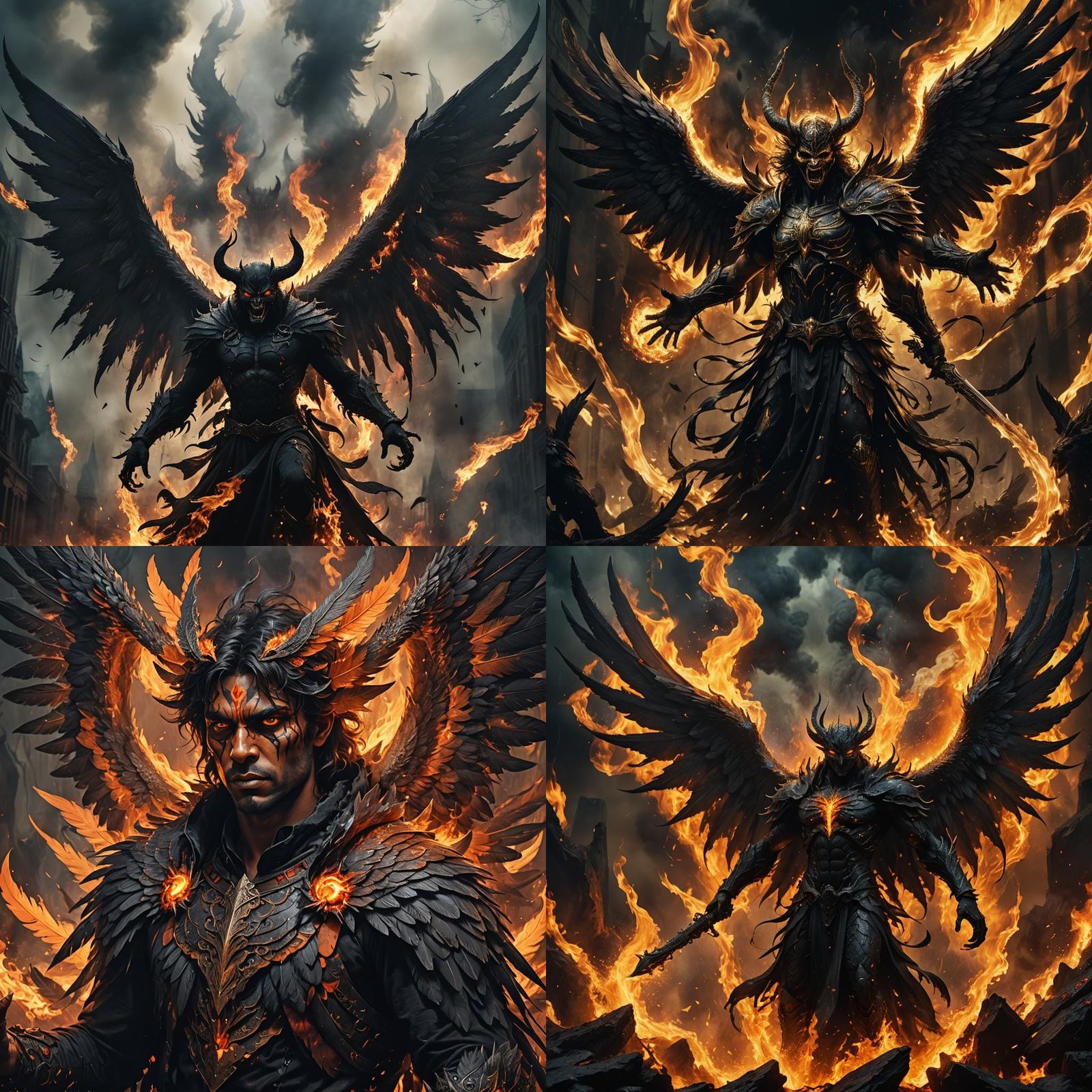 Angel with Black Devil Wings in Fiery Darkness