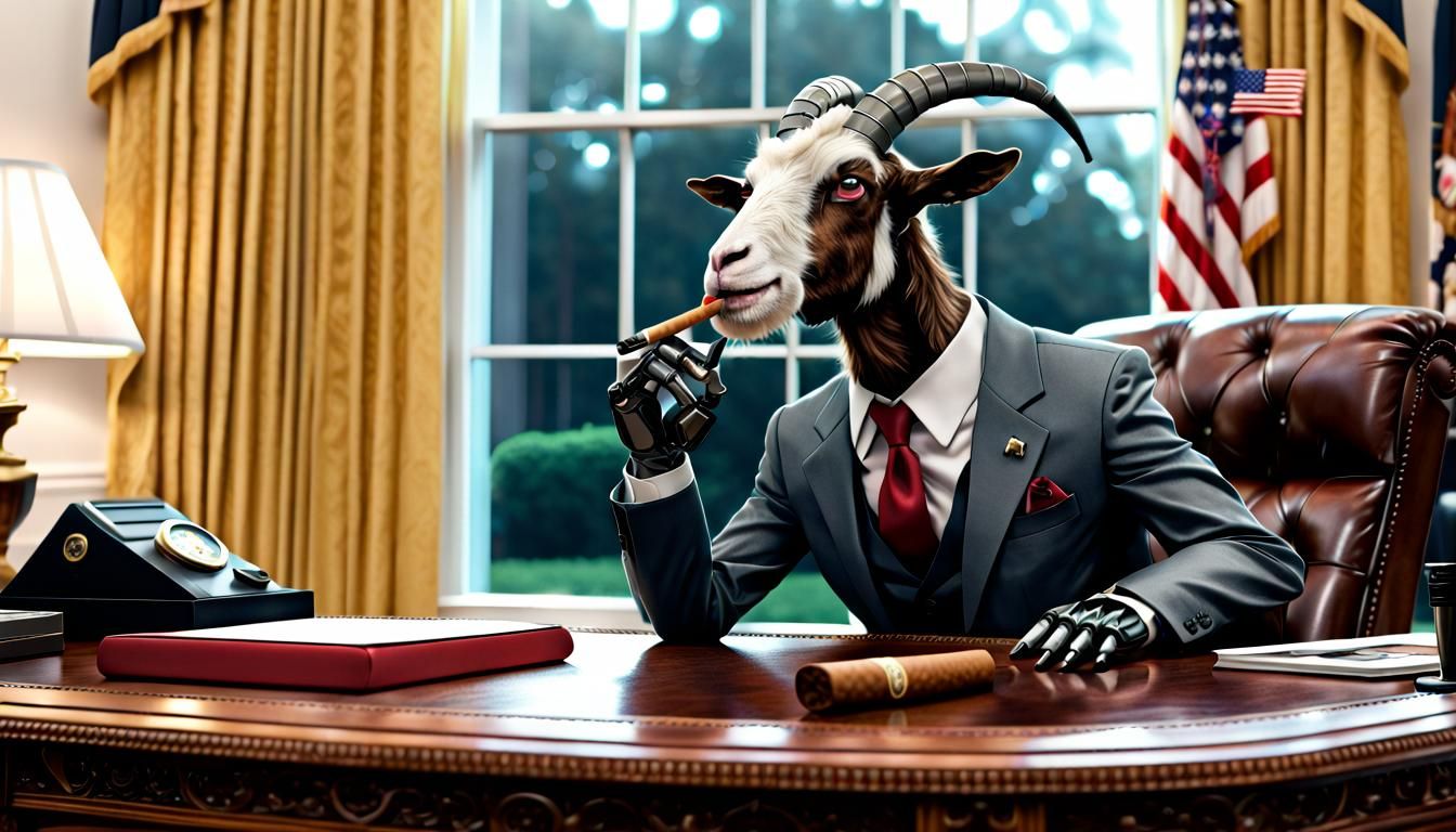 Robot Goat Smokes Cigar in Oval Office