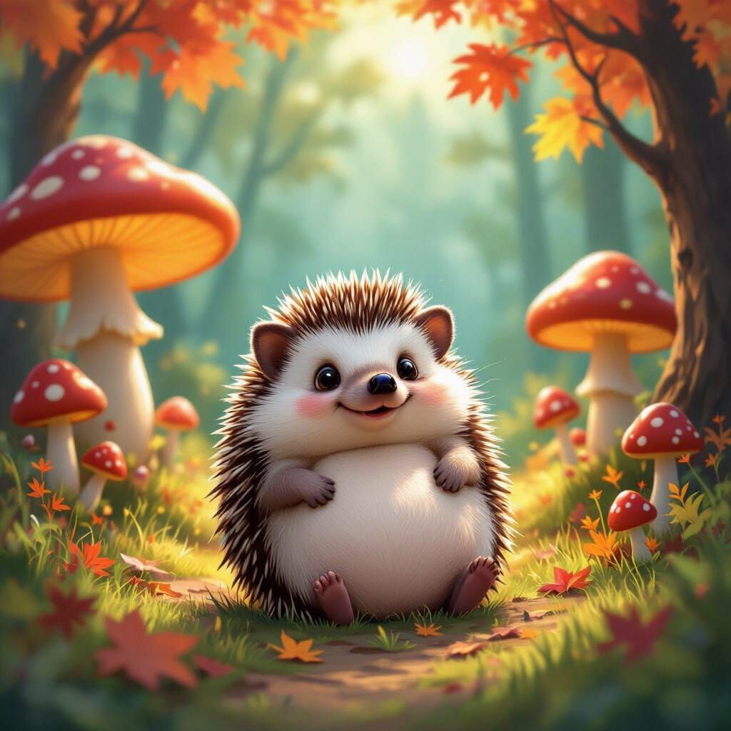 Cute Hedgehog in Magical Mushroom Forest