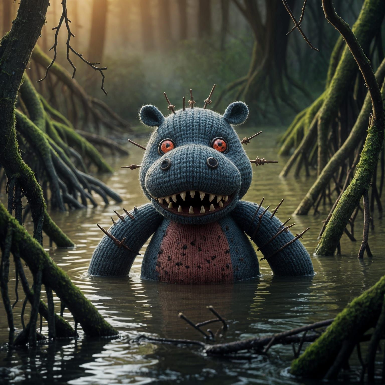 Horrifying Knitted Hippo Emerges from Swamp