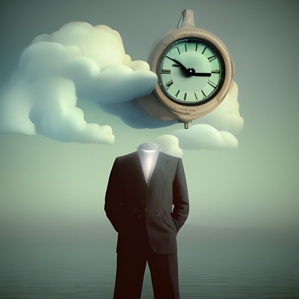 Surreal Man with Clock Eyes on Cloud in Steampunk Style
