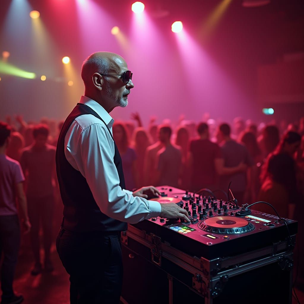 Bald DJ in 70s Disco, Retro-Futuristic Style