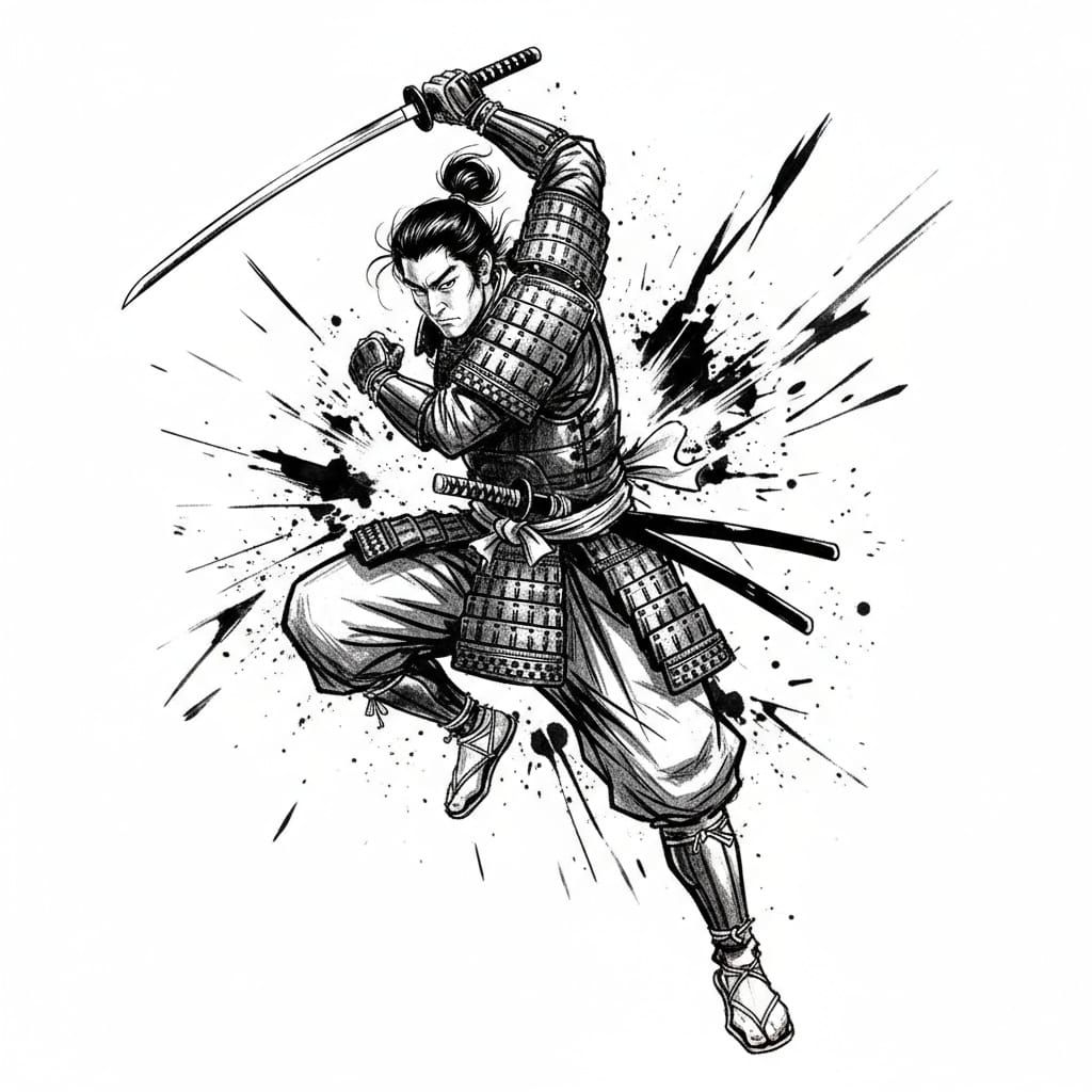 Monochrome Samurai in Battle Illustration
