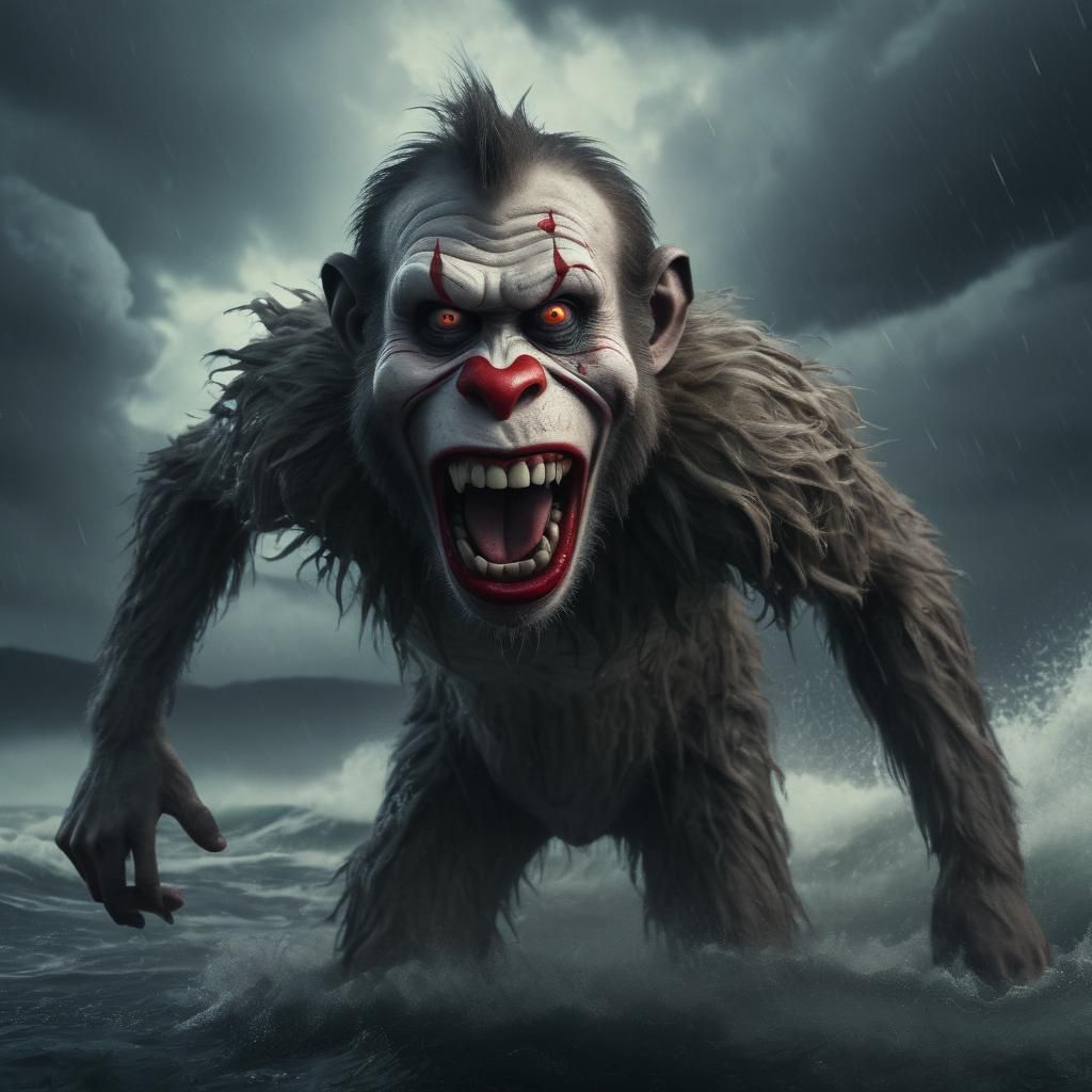 Zombie Monkey Clown in Hurricane: Digital Matte Painting