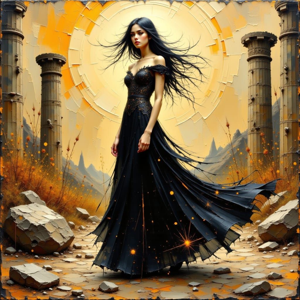 Woman in Black Dress Amidst Abstract Ruins
