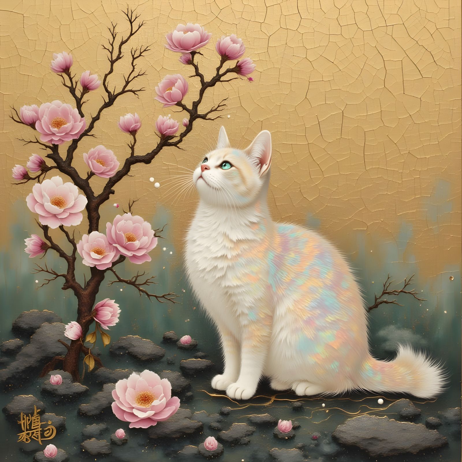 Tiny Pearl Cat Amidst Cherry Blossoms in Lacquered Style