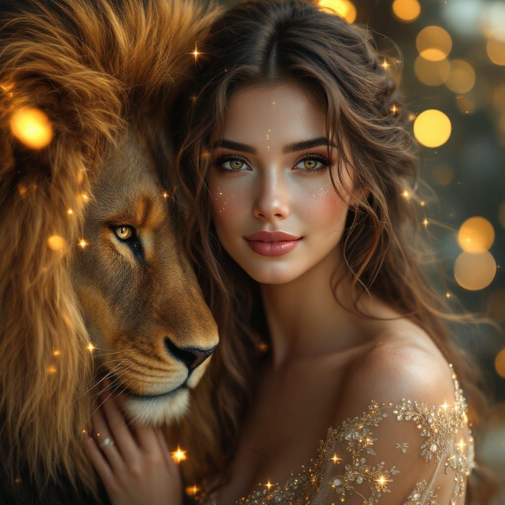 Serene Fantasy Queen in Ethereal Gown with Majestic Lion
