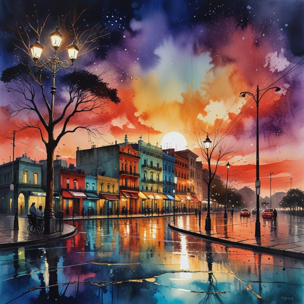 Vibrant Caminito Street Scene as Watercolor Painting