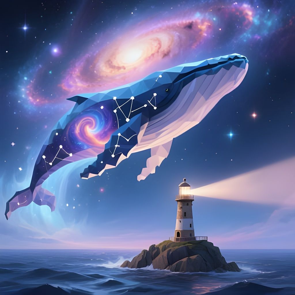 Celestial Whale Breaching Starry Sea: Low Poly Art