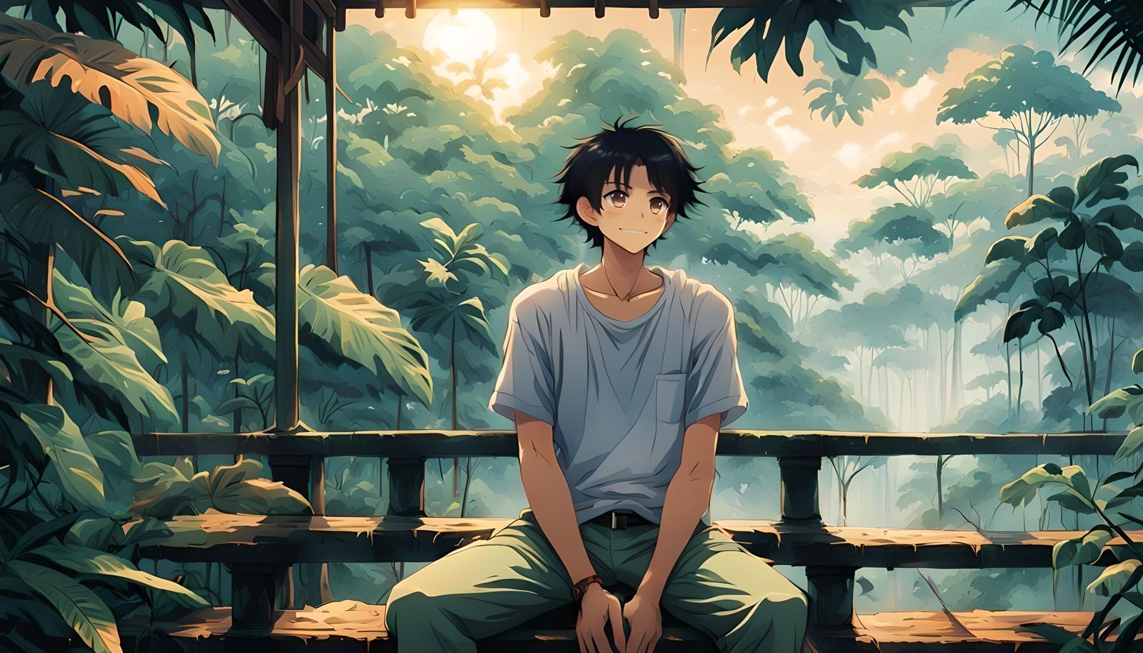Anime Boy in Amazon Rainforest on Sunny Day
