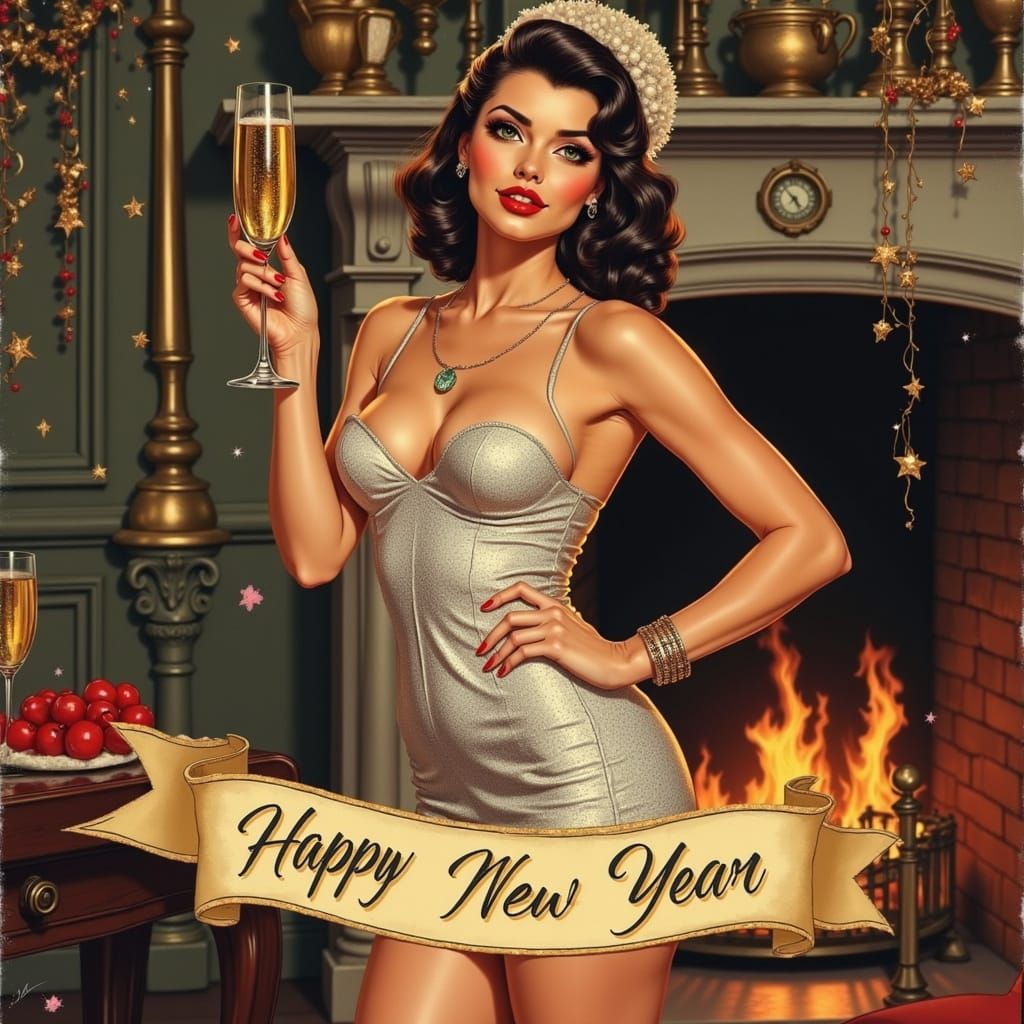 Glamorous 1956 Pinup Woman Toasts New Year