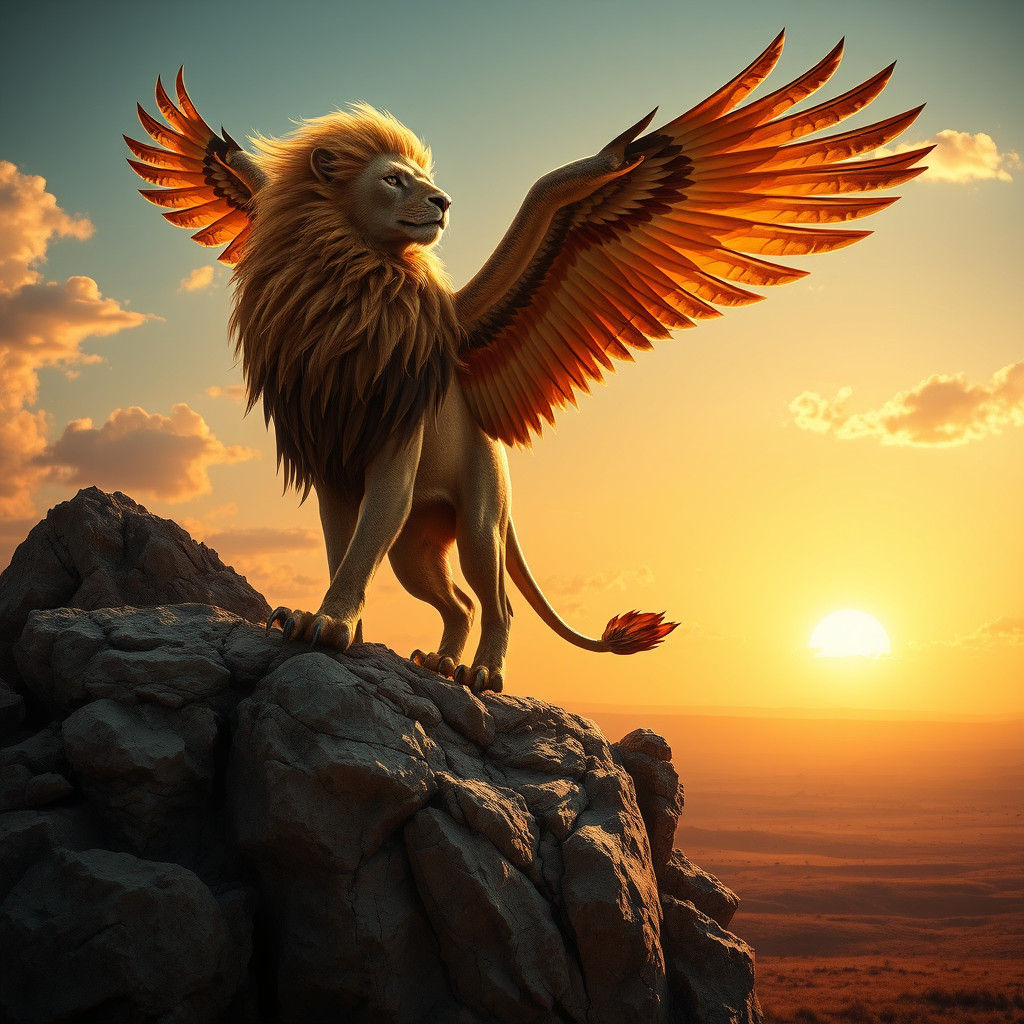 Majestic Lion-Eagle Hybrid in Dramatic Sunset Light