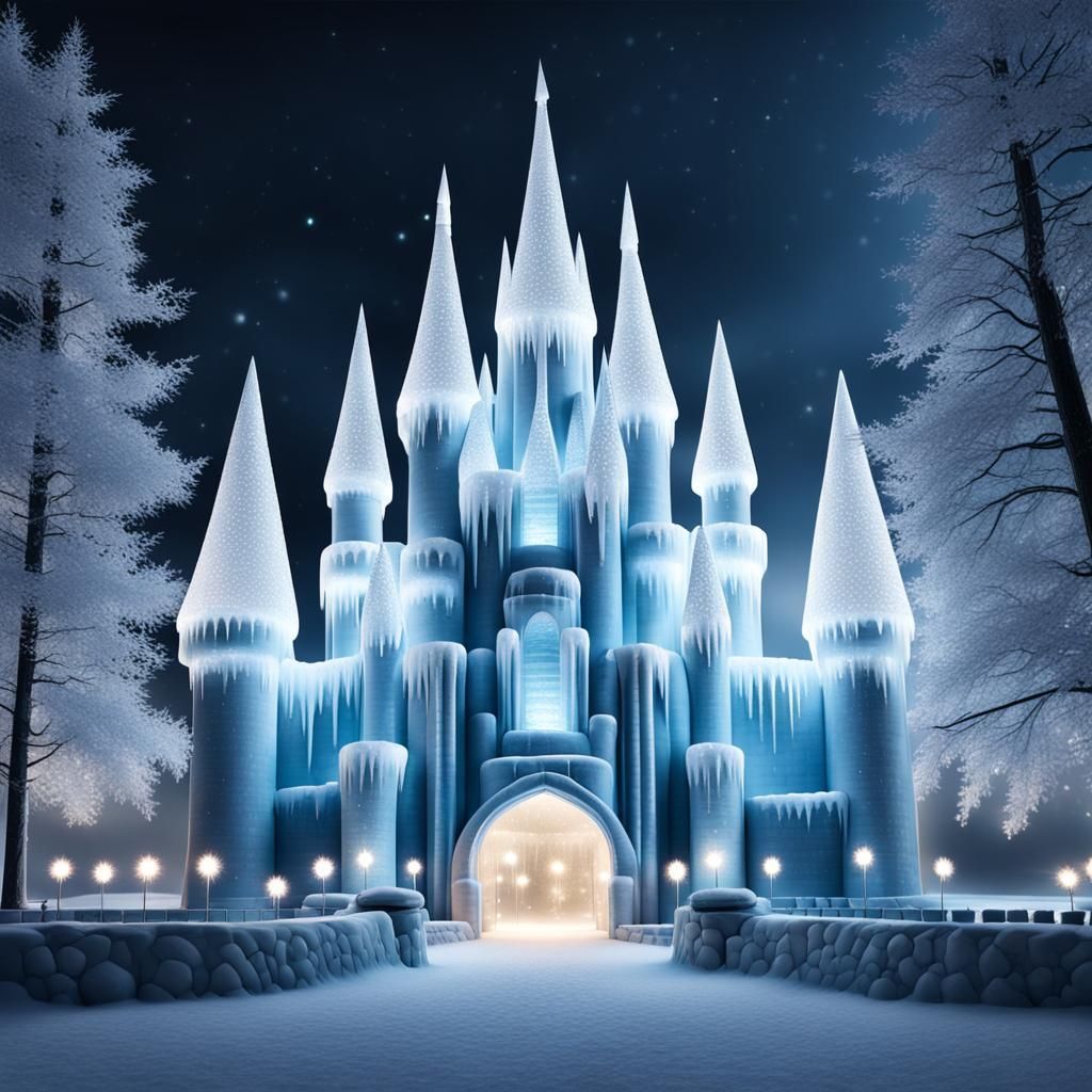 Hyperrealistic Ice Castle at Night with Glittering Lights