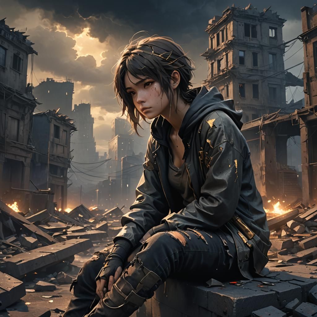 Troubled Woman in Ruined City, Dark Fantasy Anime